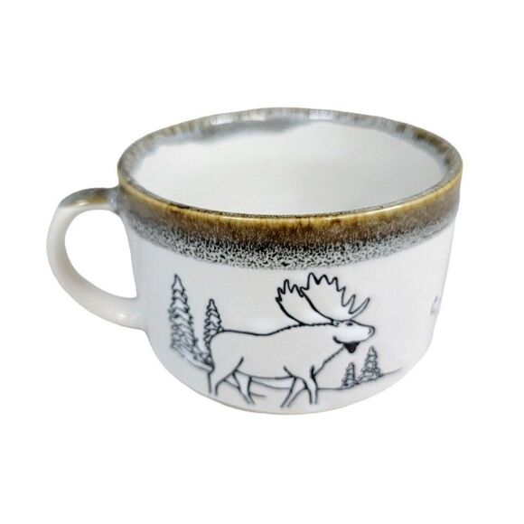Vintage Alaska Woodland Soup Mug Moose Pine Trees Rustic Cabin Cup Rustic Winter - Picture 1 of 7